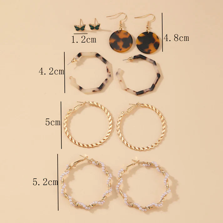 Fashion butterfly heart inlaid pearl earrings 5 pairs set