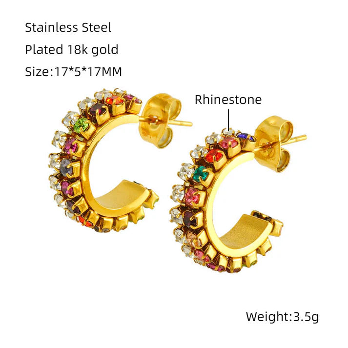 Pair of elegant lady c shape plating inlay stainless steel zircon 18k gold plated ear studs