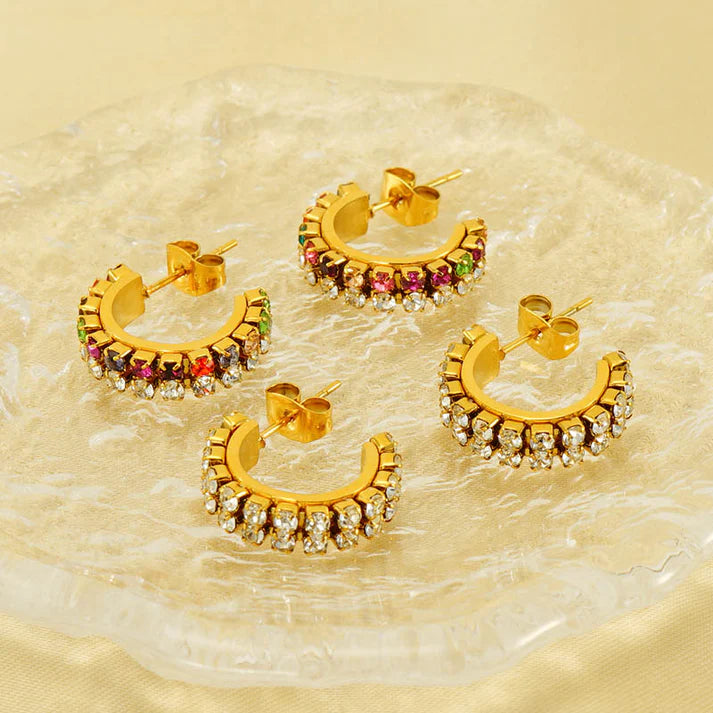 Pair of elegant lady c shape plating inlay stainless steel zircon 18k gold plated ear studs