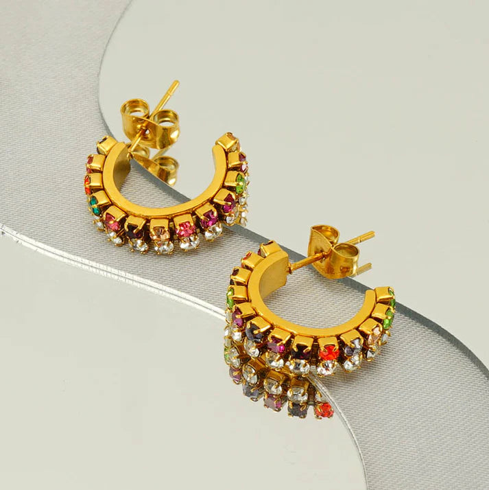 Pair of elegant lady c shape plating inlay stainless steel zircon 18k gold plated ear studs