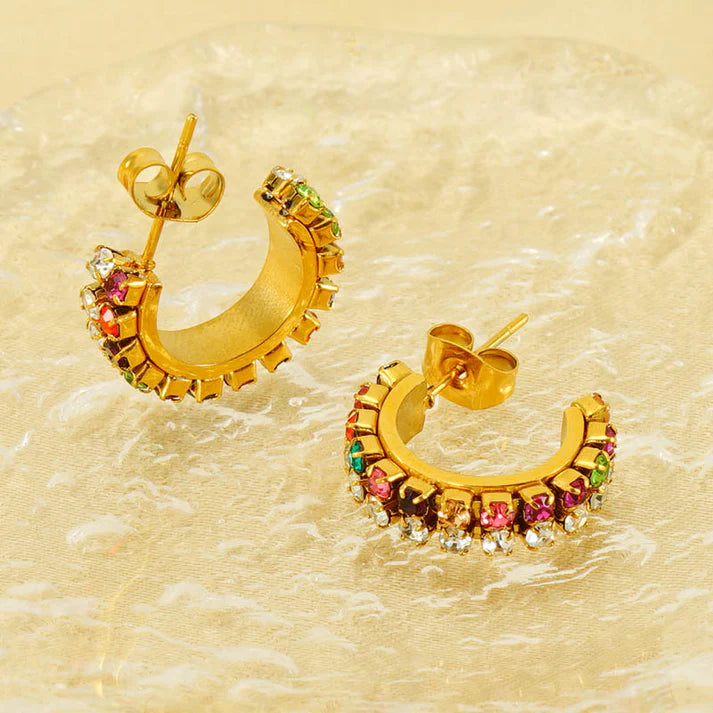 Pair of elegant lady c shape plating inlay stainless steel zircon 18k gold plated ear studs