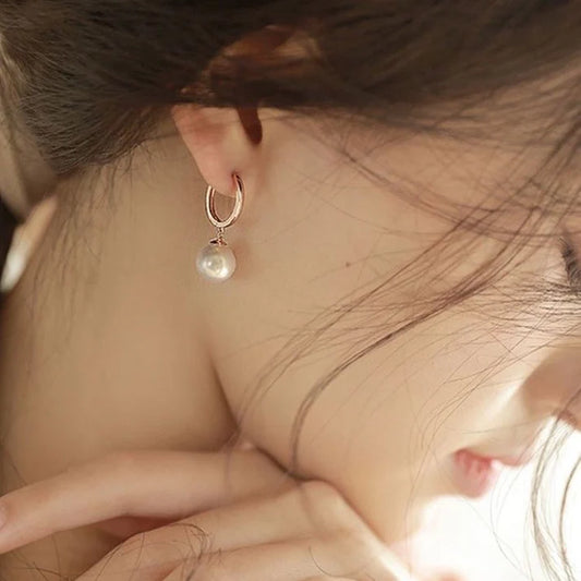 pair elegant simple style round plating inlay titanium steel pearl drop earrings