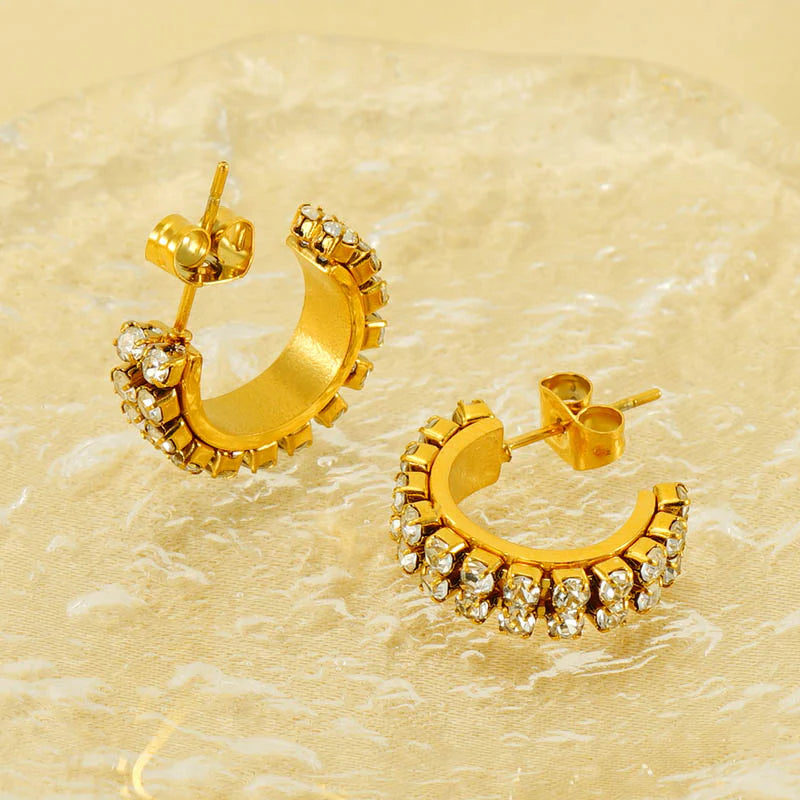 Pair of elegant lady c shape plating inlay stainless steel zircon 18k gold plated ear studs